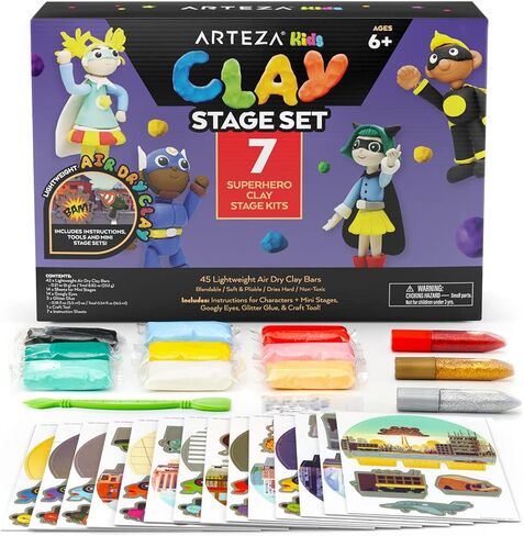 Arteza Kids Air Dry Clay, 42 Bars, Safari Stage Modeling Clay Kit, 14 Mini-Stages, 14 Googly Eyes, 3 Glitter Glues, 1 Craft Tool, 7 Instruction Sheets, Craft Supplies for Learning and Developing in Kuwait