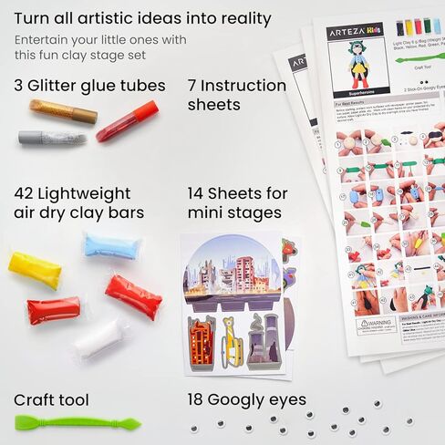 Arteza Kids Air Dry Clay, 42 Bars, Safari Stage Modeling Clay Kit, 14 Mini-Stages, 14 Googly Eyes, 3 Glitter Glues, 1 Craft Tool, 7 Instruction Sheets, Craft Supplies for Learning and Developing in Kuwait