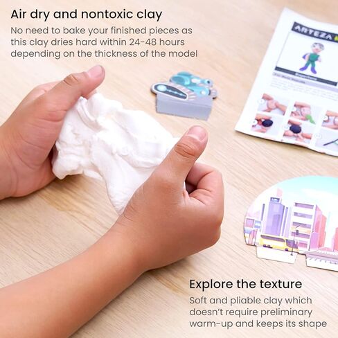 Arteza Kids Air Dry Clay, 42 Bars, Safari Stage Modeling Clay Kit, 14 Mini-Stages, 14 Googly Eyes, 3 Glitter Glues, 1 Craft Tool, 7 Instruction Sheets, Craft Supplies for Learning and Developing in Kuwait