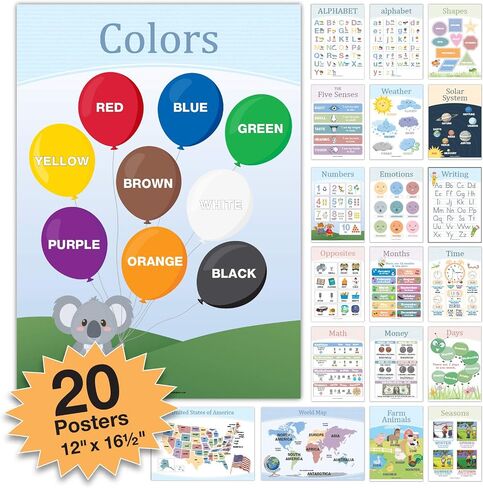 20 Large Educational Posters For Kids Toddlers (16.5x12 Double Sided English and Spanish) Includes: Alphabet Colors Letters Numbers Shapes Months Days Weather Time Animals Solar System Seasons Map in Saudi Arabia