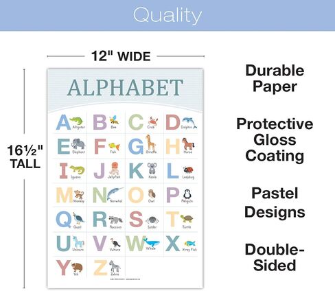 20 Large Educational Posters For Kids Toddlers (16.5x12 Double Sided English and Spanish) Includes: Alphabet Colors Letters Numbers Shapes Months Days Weather Time Animals Solar System Seasons Map in Saudi Arabia