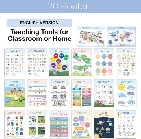 20 Large Educational Posters For Kids Toddlers (16.5x12 Double Sided English and Spanish) Includes: Alphabet Colors Letters Numbers Shapes Months Days Weather Time Animals Solar System Seasons Map in Saudi Arabia