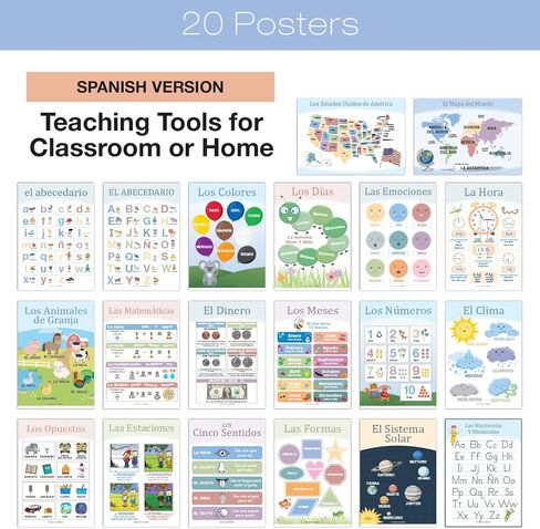 20 Large Educational Posters For Kids Toddlers (16.5x12 Double Sided English and Spanish) Includes: Alphabet Colors Letters Numbers Shapes Months Days Weather Time Animals Solar System Seasons Map in Saudi Arabia