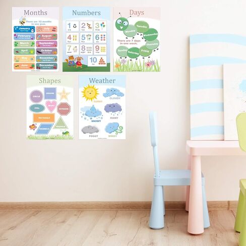 20 Large Educational Posters For Kids Toddlers (16.5x12 Double Sided English and Spanish) Includes: Alphabet Colors Letters Numbers Shapes Months Days Weather Time Animals Solar System Seasons Map in Saudi Arabia