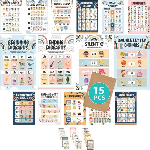 Decorably 15 Boho Rainbow Phonics Posters for Classroom, 11x17in Matte-Laminated Educational Boho Sound Wall Classroom Phonics Decor in Kuwait