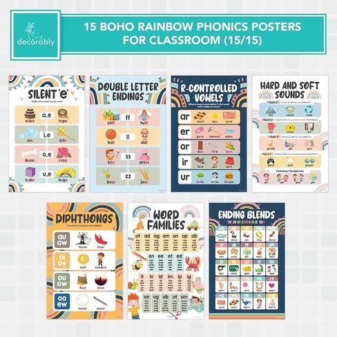Decorably 15 Boho Rainbow Phonics Posters for Classroom, 11x17in Matte-Laminated Educational Boho Sound Wall Classroom Phonics Decor in Kuwait