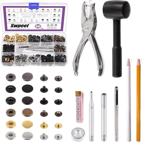 Swpeet 60 Sets 12.5mm Leather Snap Fasteners and Hole Punch Pliers with 4Pcs Fixing Tools Assortment Kit, Leather Snaps Metal Snaps Metal Button Snaps Press Studs for Clothes, Jackets, Jeans in Saudi Arabia