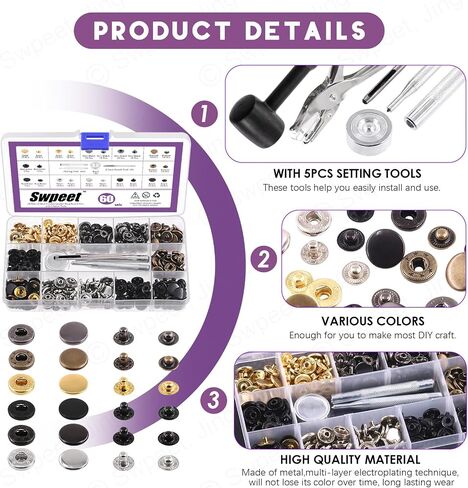 Swpeet 60 Sets 12.5mm Leather Snap Fasteners and Hole Punch Pliers with 4Pcs Fixing Tools Assortment Kit, Leather Snaps Metal Snaps Metal Button Snaps Press Studs for Clothes, Jackets, Jeans in Saudi Arabia