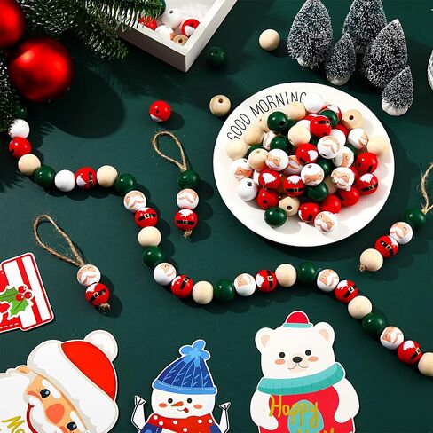 120 Pieces 20mm Christmas Wood Beads Santa Wooden Bead Christmas Round Beads Winter Loose Round Bead Red Green Natural Wooden Beads with 65.6 Feet Twine for Crafts DIY Christmas Party Supplies Decor in Saudi Arabia