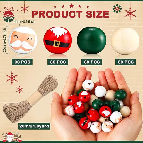 120 Pieces 20mm Christmas Wood Beads Santa Wooden Bead Christmas Round Beads Winter Loose Round Bead Red Green Natural Wooden Beads with 65.6 Feet Twine for Crafts DIY Christmas Party Supplies Decor in Saudi Arabia
