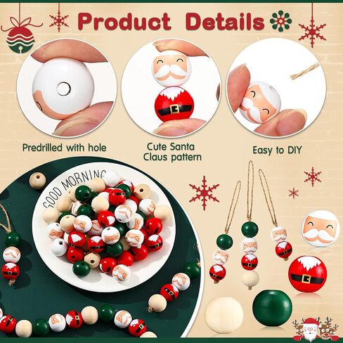 120 Pieces 20mm Christmas Wood Beads Santa Wooden Bead Christmas Round Beads Winter Loose Round Bead Red Green Natural Wooden Beads with 65.6 Feet Twine for Crafts DIY Christmas Party Supplies Decor in Saudi Arabia
