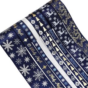 9 Rolls 27 Yards Navy Blue Christmas Ribbon,Holiday Printed Grosgrain Satin Ribbon, Christmas Ribbon Bows for Wreaths,Gift Wrapping,Sewing, DIY Crafts Christmas Home,Indoor Outdoor Decoration