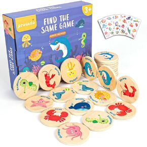 Wooden Match Memory Game for Kids, 24Pc Memory Matching Cards with 5Pc Tattoo Stickers, Educational Memory Matching Game for Pre-Kindergarten Early Learning Development Kids (Animal)