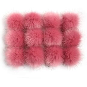 Fluffy Faux Fur Pom Pom Ball for Knitting Accessories,Artificial Pompom with Elastic Cord,Hats Scarves Gloves Bags Charm Accessories,3.9in Pack of 12 (Bean Red)