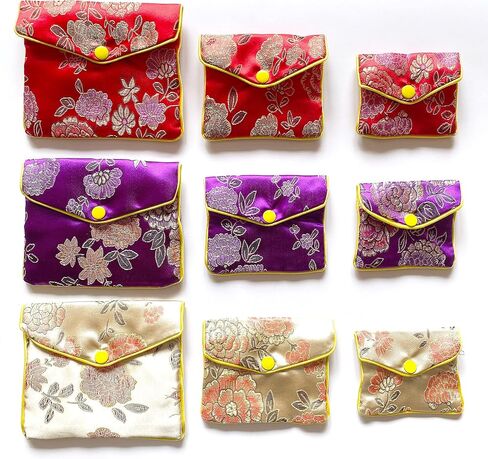 حقائب حريرية للمجوهرات من EZWOO لهدايا الإرجاع، حقيبة مجوهرات صينية تقليدية للسفر، منظمات لفافة المجوهرات القابلة للطي للقلادة والسوار والأقراط والخواتم والأحجار والمعلقات والعملات المعدنية، 9 قطع in Kuwait