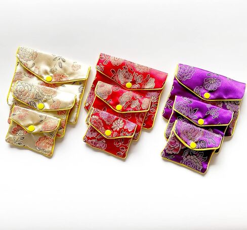 حقائب حريرية للمجوهرات من EZWOO لهدايا الإرجاع، حقيبة مجوهرات صينية تقليدية للسفر، منظمات لفافة المجوهرات القابلة للطي للقلادة والسوار والأقراط والخواتم والأحجار والمعلقات والعملات المعدنية، 9 قطع in Kuwait