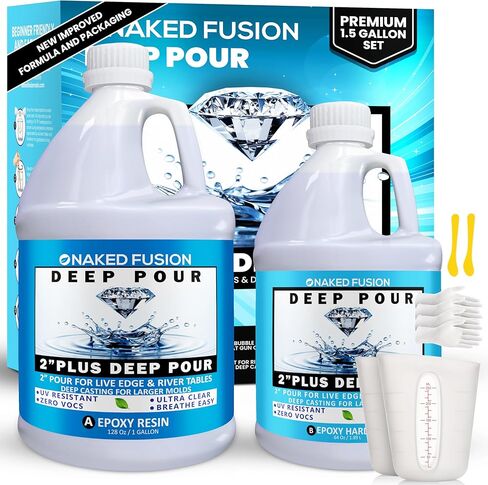 تركيبة من الراتنج الإيبوكسي ديب صب كريستال شفاف 5.08 سم من الراتينج السميك لطاولات النهر، قوالب الراتنج العميقة، خشب حافة الحية وصب الفن العميق - مجموعة 1 1/2 جالون - غير سام -Zero Voc in Kuwait