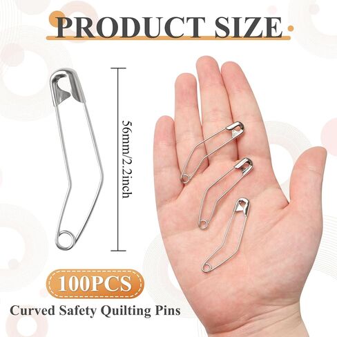 Popokk 100 قطعة دبابيس أمان منحنية مقاس 3 دبابيس اللحف دبابيس تغطية اللحف المنحنية 2.2 بوصة دبابيس أمان منحنية لحياكة اللحف (فضية) in Kuwait