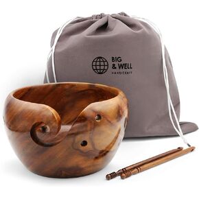 Yarn Bowls 7x4 inches for Crocheting. Wooden Yarn Bowl Holder for Knitting with Free Carry Pouch & 2 Crochet Hooks in Saudi Arabia