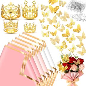 Estune Wrapping Flower Bouquet Paper 60 Sheets with 4 Gold Crowns 200 Flower Pins 48 Gold Butterflies for Women Valentine's Day Mother's Day DIY Birthday Wedding Gift Florist Supplies (Dark Black)