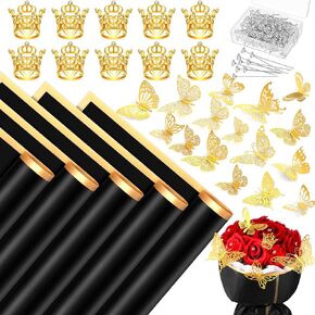 Sasylvia 100 Sheets Waterproof Flower Bouquets Paper Thin Plastic Golden Edge Floral Wrapping Paper with Crown Pins Butterfly Decor DIY Crafts Packaging for Wedding Gifts Valentine Mother's Day