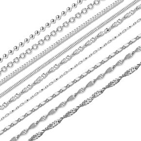 SEVENHEAD Silver Plated Chain Set 24" Inches 8 Shape Styles Mixed Chain Necklace Whaline 925 Water Ripple Plated Necklace for Fashion Jewelry Making Craft