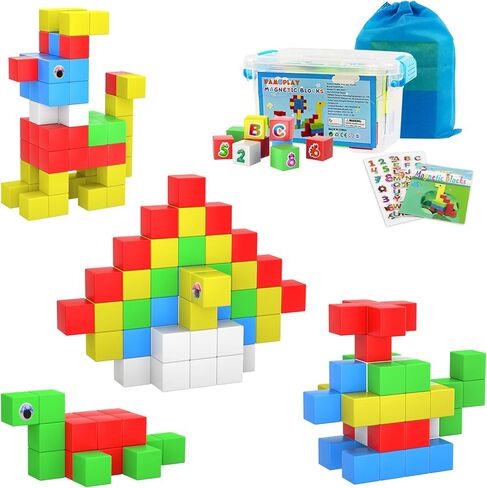 FAMOPLAY 60 قطعة كتل مغناطيسية، مكعبات بناء ألعاب مغناطيسية مكعبات مغناطيسية ثلاثية الأبعاد 1.0 بوصة للأطفال الصغار الذين تتراوح أعمارهم بين 3-5 سنوات فما فوق ألعاب جذعية حسية تعليمية للبنين والبنات in Kuwait