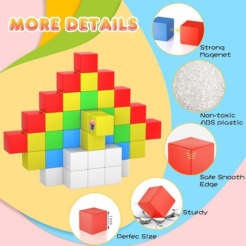 FAMOPLAY 60 قطعة كتل مغناطيسية، مكعبات بناء ألعاب مغناطيسية مكعبات مغناطيسية ثلاثية الأبعاد 1.0 بوصة للأطفال الصغار الذين تتراوح أعمارهم بين 3-5 سنوات فما فوق ألعاب جذعية حسية تعليمية للبنين والبنات in Kuwait