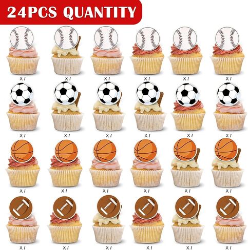 24 قطعة من أغطية الكيك الرياضية لتزيين حلقات الكب كيك للأطفال، مستلزمات حفلات أعياد الميلاد وديكورات الخبز وهدايا الحفلات in Kuwait