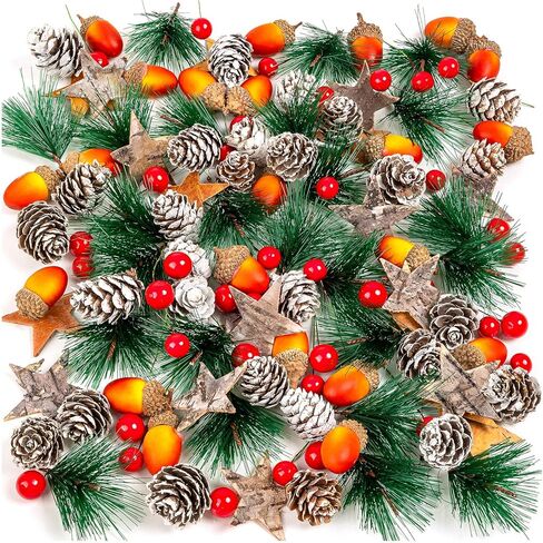 اتش تي زد ان اتش اكس تي مجموعة من 110 قطعة من مخاريط الصنوبر الاصطناعية، لوازم صنع اكليل الكريسماس، اكواز صنوبر طبيعي مزيف للشتاء والبلوط والتوت الاحمر والنجوم وابر الصنوبر لتزيين طاولة الكريسماس in Kuwait