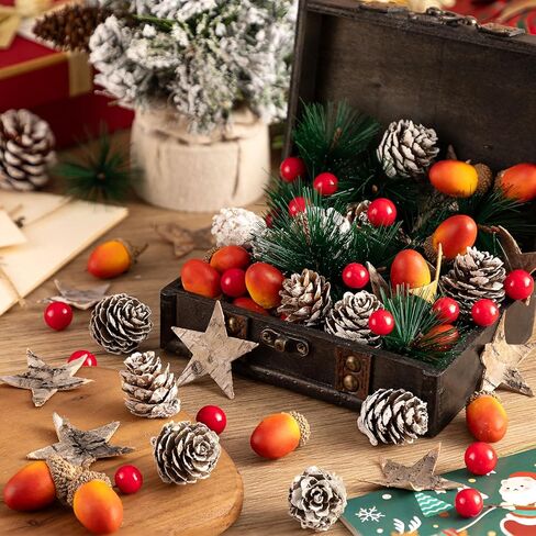 اتش تي زد ان اتش اكس تي مجموعة من 110 قطعة من مخاريط الصنوبر الاصطناعية، لوازم صنع اكليل الكريسماس، اكواز صنوبر طبيعي مزيف للشتاء والبلوط والتوت الاحمر والنجوم وابر الصنوبر لتزيين طاولة الكريسماس in Kuwait