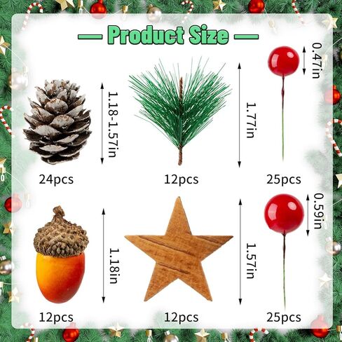 اتش تي زد ان اتش اكس تي مجموعة من 110 قطعة من مخاريط الصنوبر الاصطناعية، لوازم صنع اكليل الكريسماس، اكواز صنوبر طبيعي مزيف للشتاء والبلوط والتوت الاحمر والنجوم وابر الصنوبر لتزيين طاولة الكريسماس in Kuwait