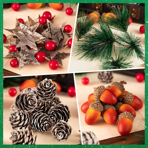 اتش تي زد ان اتش اكس تي مجموعة من 110 قطعة من مخاريط الصنوبر الاصطناعية، لوازم صنع اكليل الكريسماس، اكواز صنوبر طبيعي مزيف للشتاء والبلوط والتوت الاحمر والنجوم وابر الصنوبر لتزيين طاولة الكريسماس in Kuwait