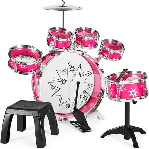 Best Choice Products 11-Piece Kids Beginner Drum Kit, Musical Instrument Toy Drum Set for Music Practice w/Bass, Toms, Snare, Cymbal, Stool, Stand Drumsticks - Black in Kuwait