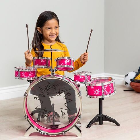 Best Choice Products 11-Piece Kids Beginner Drum Kit, Musical Instrument Toy Drum Set for Music Practice w/Bass, Toms, Snare, Cymbal, Stool, Stand Drumsticks - Black in Kuwait