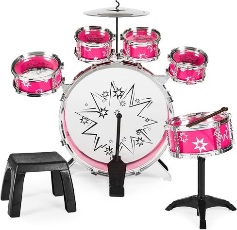 Best Choice Products 11-Piece Kids Beginner Drum Kit, Musical Instrument Toy Drum Set for Music Practice w/Bass, Toms, Snare, Cymbal, Stool, Stand Drumsticks - Black in Kuwait