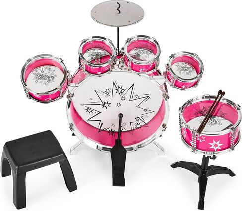 Best Choice Products 11-Piece Kids Beginner Drum Kit, Musical Instrument Toy Drum Set for Music Practice w/Bass, Toms, Snare, Cymbal, Stool, Stand Drumsticks - Black in Kuwait