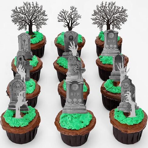 Whaline 37Pcs Halloween Cupcake Toppers Zombie Hand Tombstone Graveyard Cake Toppers Scary Halloween Toothpick Flags Table Centerpiece for Halloween Birthday Party Supplies Dessert Decorations in Saudi Arabia