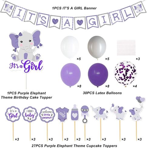 ديكور حمام الطفل الأرجواني على شكل فيل باللون الأرجواني والرمادي، لافتة عبارة إنها فتاة، أعلى الكعكة، أغطية الكب كيك، بالونات مطاطية لحفلات استقبال المولود الجديد، أرجواني صغير من الفول السوداني، مستلزمات حفلات أعياد الميلاد in Kuwait