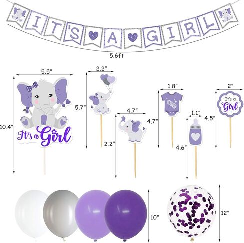 ديكور حمام الطفل الأرجواني على شكل فيل باللون الأرجواني والرمادي، لافتة عبارة إنها فتاة، أعلى الكعكة، أغطية الكب كيك، بالونات مطاطية لحفلات استقبال المولود الجديد، أرجواني صغير من الفول السوداني، مستلزمات حفلات أعياد الميلاد in Kuwait