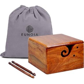 Eunoia Yarn Bowl with Square Lid, 7x5 Inch Handmade Yarn Holder for Crocheting, Decorative Knitting Bowl for Knitters with Wooden Crochet Hook and Travel Bag