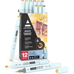 ARTEZA Dual Tip Brush Pens, 12 Pastel Tones, EverBlend Watercolor Calligraphy Markers, Nylon Brush and Medium Chisel Tip, Water-Based Ink