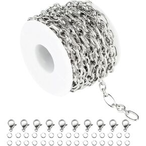 304 Stainless Steel Rolo Cable Chains Findings for Jewelry Making Men Women Necklace Bracelet DIY Supplies Silver Chain On Spool with Jump Rings Lobster Clasps