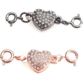 2 Pcs Locking Magnet Clasps Heart Shape Rhinestone Chain Extenders Closures Connector for Necklace Bracelet Women DIY Jewelry Making Supplies Accessories (Black and Rose Gold)