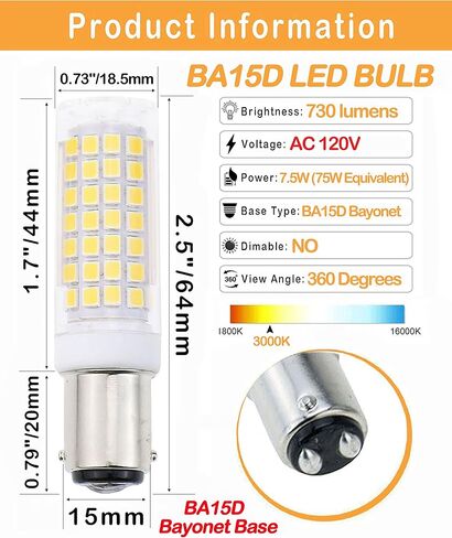 لمبة Lamsky BA15D LED، لمبة ماكينة الخياطة بقاعدة حربة مزدوجة الاتصال، 5 وات أبيض دافئ 2700 ك 50 وات استبدال هالوجين، تيار متردد 110 فولت/220 فولت، لمبة إضاءة لآلة الخياطة، نوع حربة يستبدل عبوتين in Kuwait