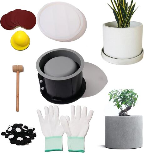 جيهتو مجموعة قوالب دائرية كبيرة من السيليكون - وعاء خرساني للنباتات الداخلية يمكنك تركيبه بنفسك مع ملمع محمول باليد، غلاف قوي، قالب صينية مطابقة، قالب سيليكون مرن - مثالي لاواني زهور تيرازو in Kuwait