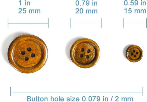 60 قطعة من الأزرار الخشبية، 3 مقاسات 15 ملم/ 0.59 انش، 20 ملم/ 0.79 انش، 25 ملم/ 1 انش، ازرار خشبية فاخرة لمشاريع الخياطة اليدوية، لون بني و4 فتحات دائرية in Kuwait