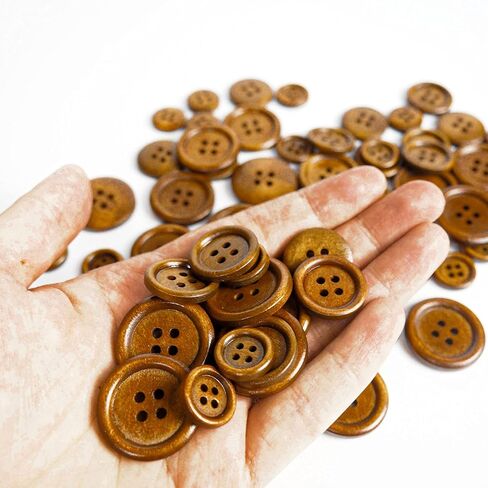 60 قطعة من الأزرار الخشبية، 3 مقاسات 15 ملم/ 0.59 انش، 20 ملم/ 0.79 انش، 25 ملم/ 1 انش، ازرار خشبية فاخرة لمشاريع الخياطة اليدوية، لون بني و4 فتحات دائرية in Kuwait