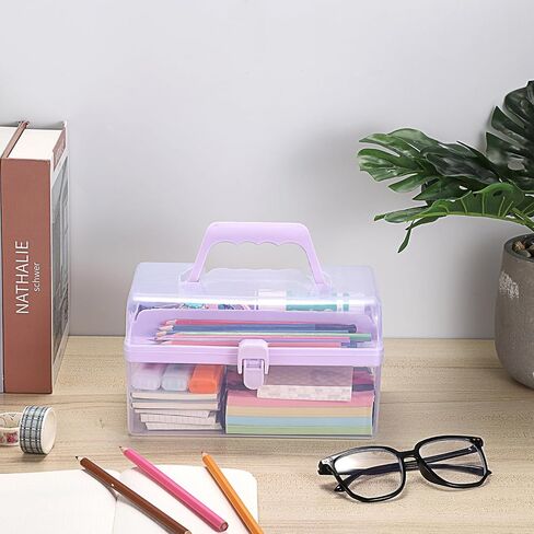 BTSKY Multipurpose Plastic Craft Storage Containers with Removable Tray, Clear Plastic Storage Box with Lid & Handle, Easy Carry & Stack Small Storage Container, 8.5x5x4.9 Inch, Rectangle-Blue in Kuwait