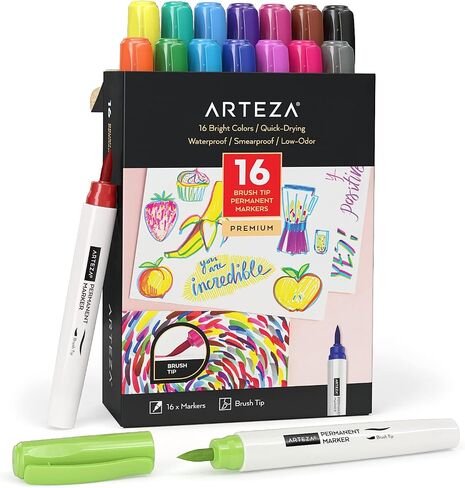 ARTEZA Colored Permanent Markers, Set of 16, Brush Tip Pens in Saudi Arabia